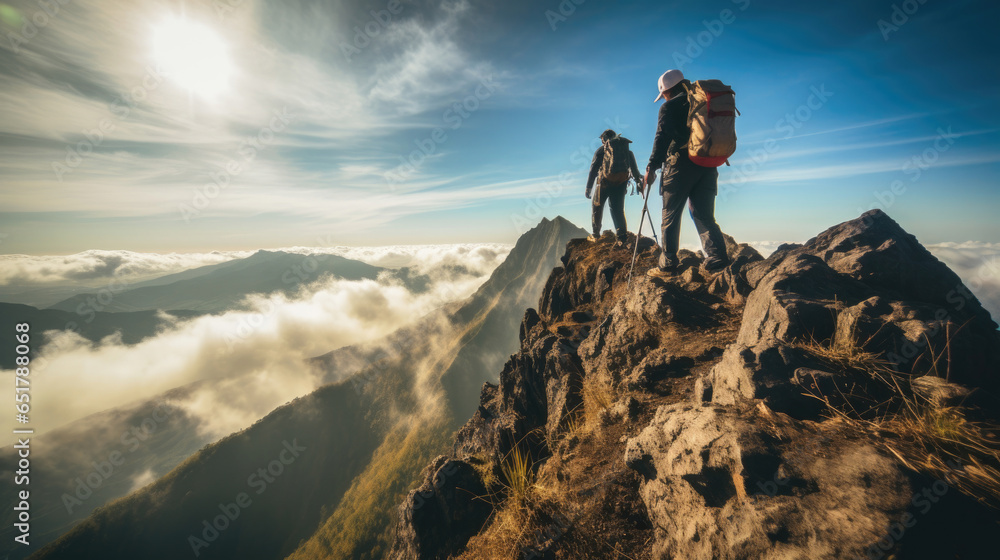 Step by step, they conquered the height, Scaling the mountain, bathed in the sunlight. Their perseverance led them to the top, where a breathtaking view awaited - obrazy, fototapety, plakaty 
