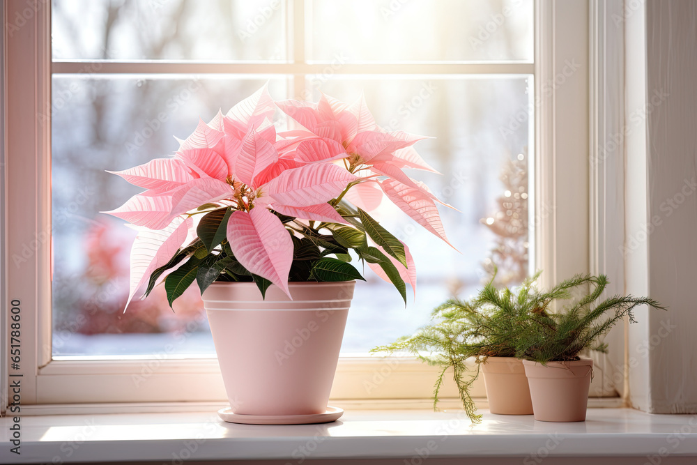 Pink poinsettias flower in a pot on the window 
