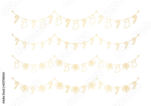 Set of gold Christmas and winter decoration garland outline doodle. Holiday decoration elements collection. Santa stockings, mistletoe, ornaments, candy cane. Vector Illustration.