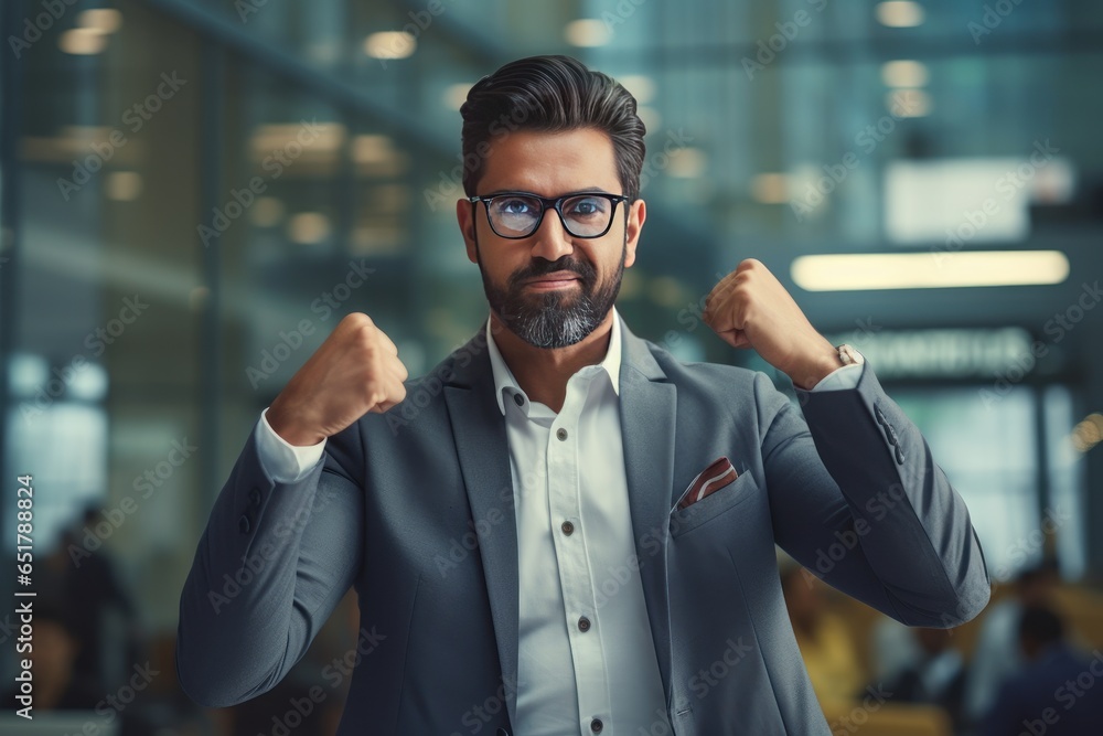 Naklejka premium Confident Indian Businessman Showing a Fighting Pose, Handsome Manager Gestures Raising Fists in Modern Office, Male Entrepreneur Celebrating Success.