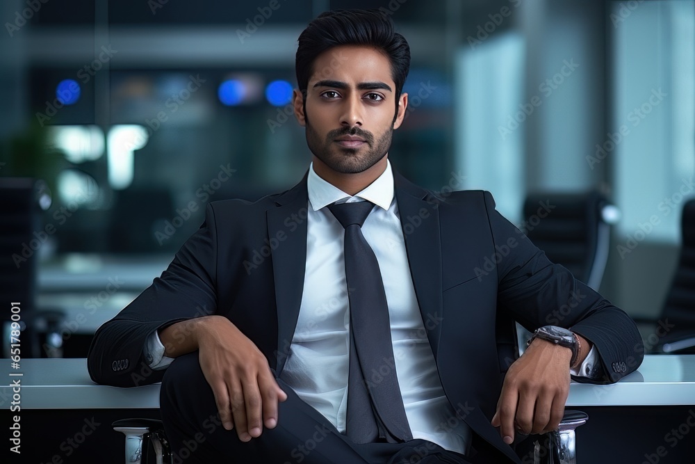 Portrait of Indian Businessman Sitting in Modern Office, Handsome Asian Manager, Confident Male CEO Planning and Managing Company Strategy. Portrait of Indian Businessman Sitting in Modern Office, Handsome Asian Manager, Confident Male CEO Planning and Managing Company Strategy.