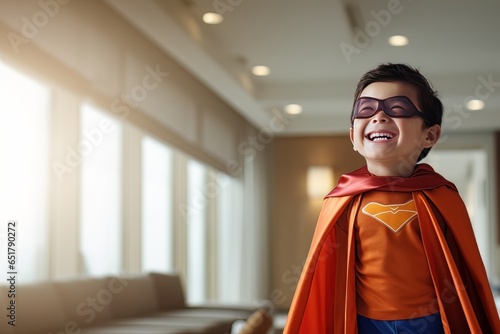 Portrait of A Happy Boy in Costume of Superhero, Little Kid Hero with Cape Standing in Living Room