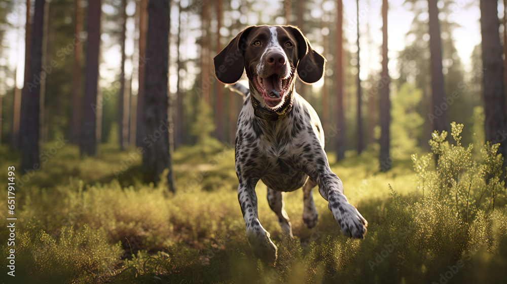 Happy colored striped dog running in the forest Beautiful light shines between several large pine trees in the landscape