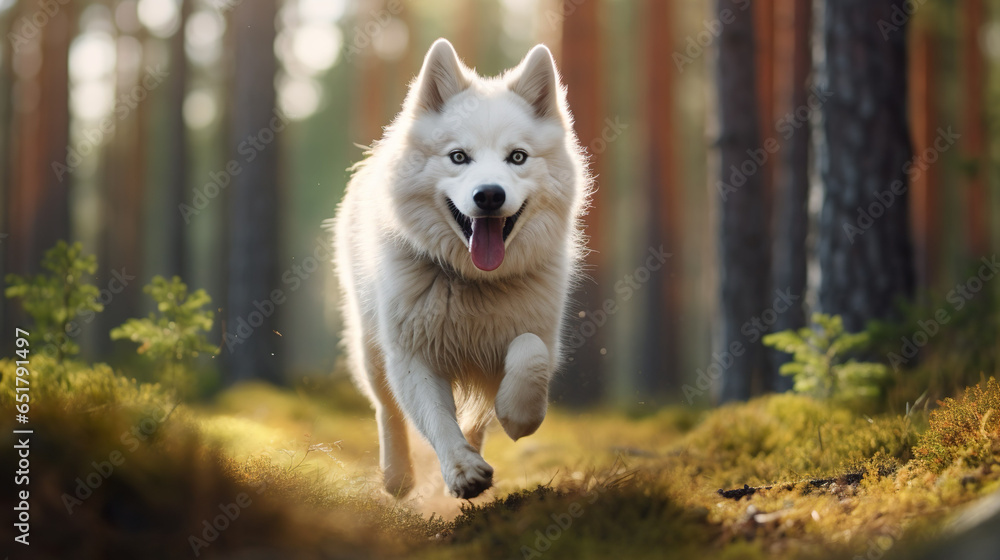 The dog is running in the forest There is beautiful light coming between several large pine trees.