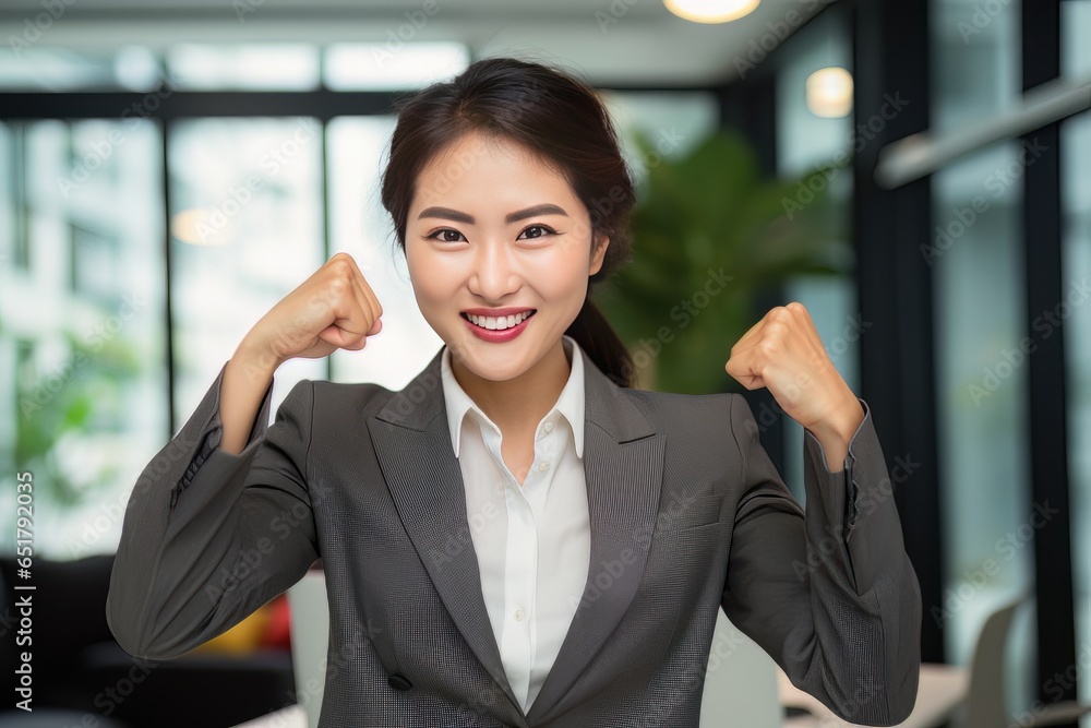 Asian Businesswoman Showing a Fighting Pose, Beautiful Manager Gestures Raising Fists in Modern Office, Female Entrepreneur Fights a Problem, Celebrate Success and Achieving Goals Asian Businesswoman Showing a Fighting Pose, Beautiful Manager Gestures Raising Fists in Modern Office, Female Entrepreneur Fights a Problem, Celebrate Success and Achieving Goals
