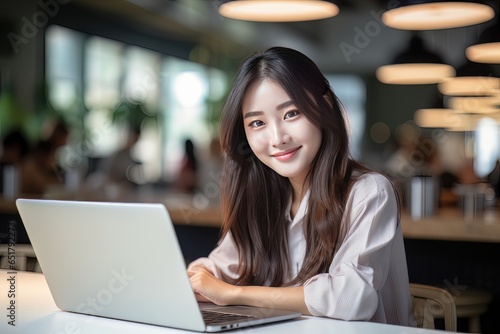 Portrait of Happy Asian Female Student Learning Online in Coffee Shop  Young Woman Studies with Laptop in Cafe  Doing Homework