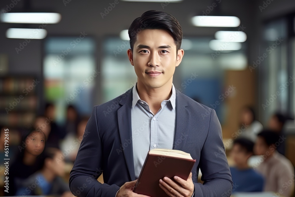 Fototapeta premium Portrait of Happy Asian Male Teacher with a Book in School, Young Man Tutor Smiling and Looking at the Camera