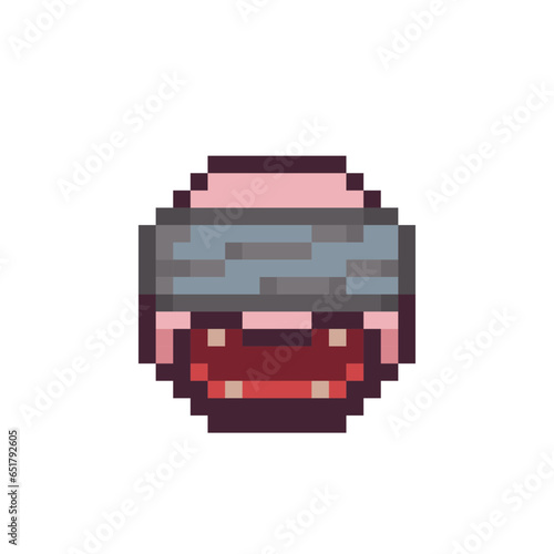 Face blindfolded, hysterical pixel art icon emoticon, not seeing anything from anger, language emotion, blind cartoon character. 8-bit flat style. Isolated abstract vector illustration.