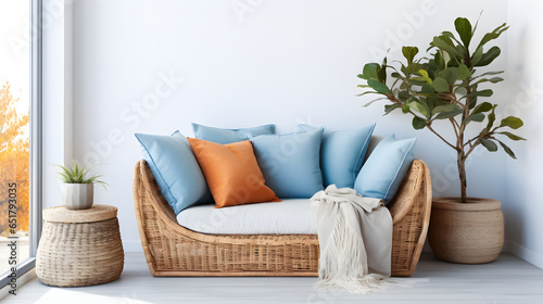  Rattan loveseat sofa with blue cushions and orange pillows and blanket. Scandinavian interior design of modern stylish living room photo