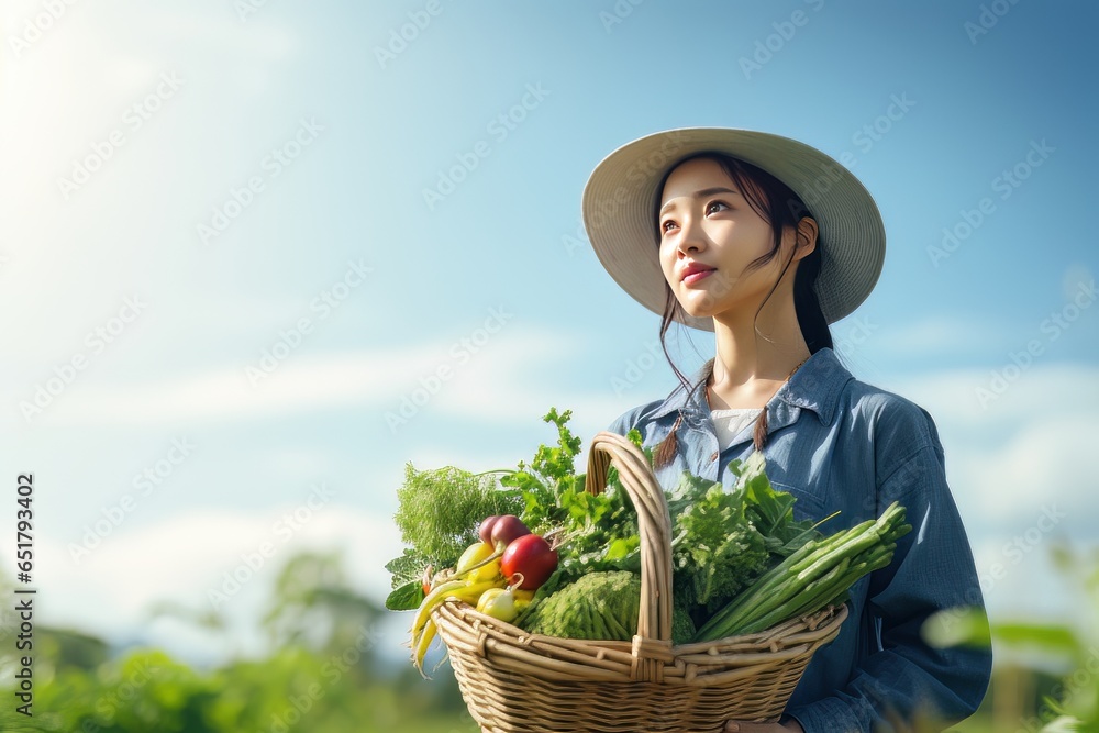 Asian Female Farmer with Basket of Fresh Vegetables, Presenting Organic Vegetables, Healthy Food