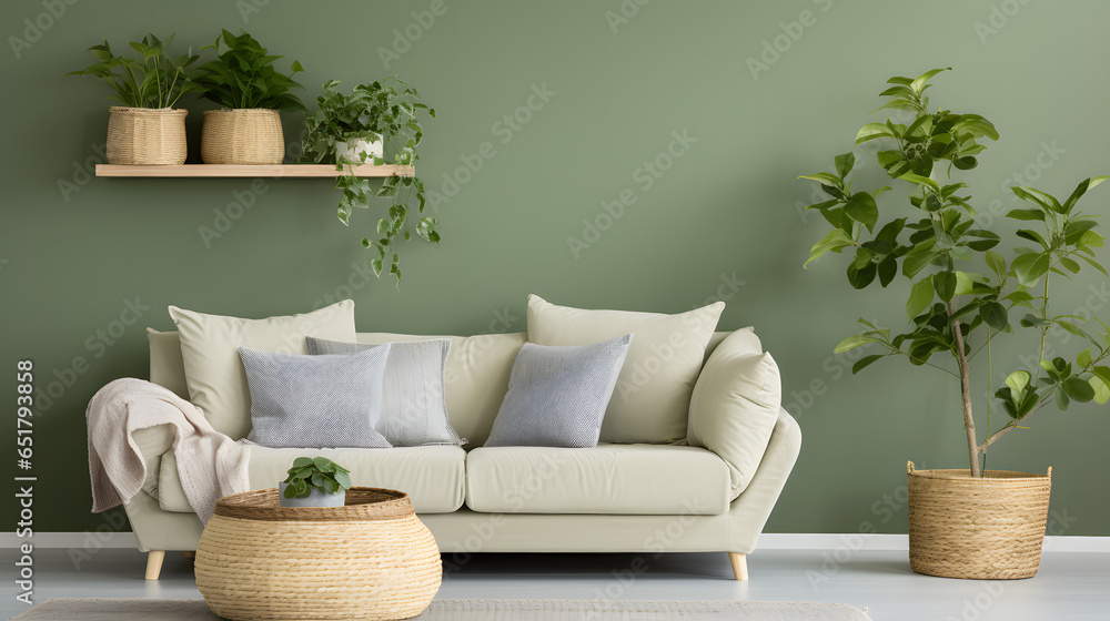 Rattan sofa with light green cushions, wicker basket and big plants against green wall with shelf. Scandinavian interior design of modern living room Rattan sofa with light green cushions, wicker basket and big plants against green wall with shelf. Scandinavian interior design of modern living room
