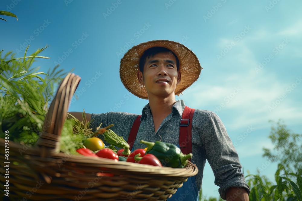 Asian Male Farmer with Basket of Fresh Vegetables, Presenting Organic Vegetables, Healthy Food