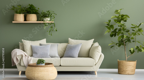 Rattan sofa with light green cushions, wicker basket and big plants against green wall with shelf. Scandinavian interior design of modern living room © Samira