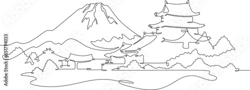 Landscape. Japan. High mountains and rocks. Asian nature. Vast forest.One continuous line. Linear. Hand drawn, white background.