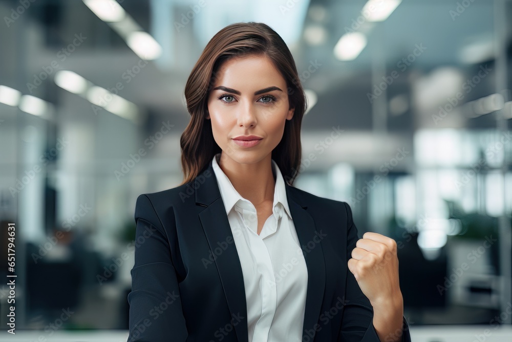 Confident Businesswoman Showing a Fighting Pose, Beautiful Manager Gestures Raising Fists in Modern Office, Female Entrepreneur Fights a Problem