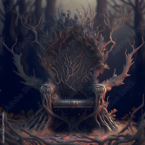 Fantasy throne surrounded by knarly barbed branches highly detailed cinematic  photo