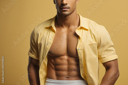close-up view of six pack abs in studio, pastel yellow background photo