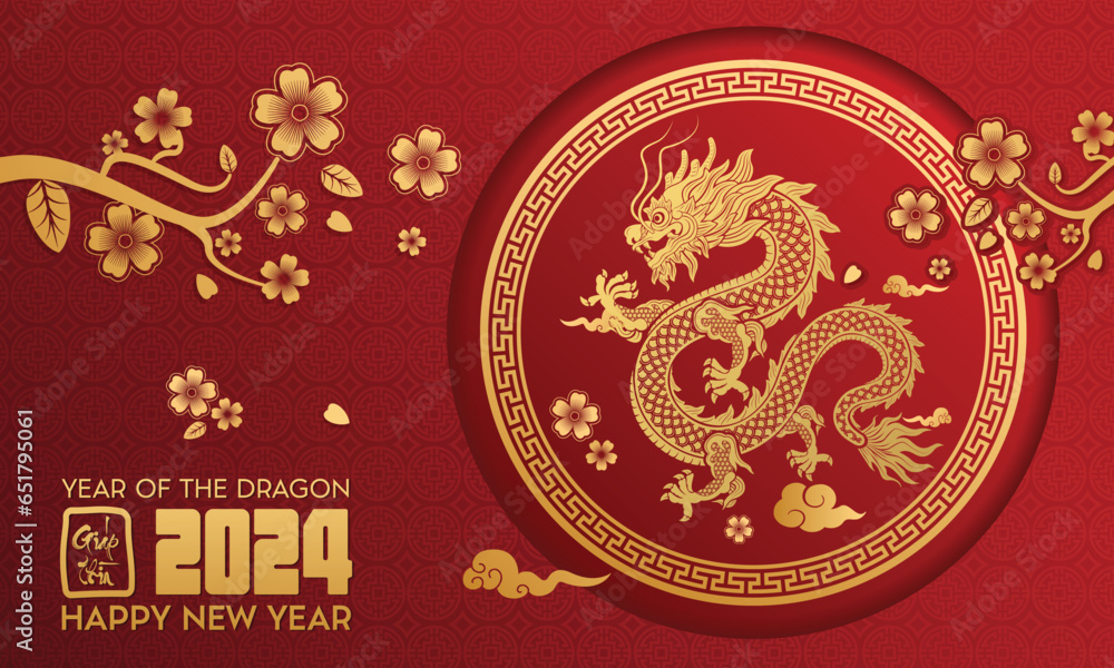 Lunar New Year themed paper graphic with oriental peach blossoms and 2024 dragon (Translation : Happy new year ) - obrazy, fototapety, plakaty 