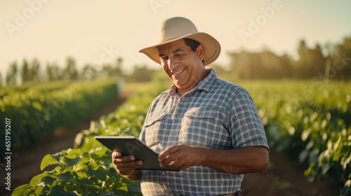 Portrait of Male Farmer Using Tablet in the Farm  Observes and Check Growth Plants  Agriculture Smart Farming Concept