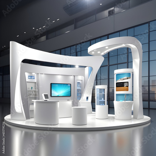set of realistic trade exhibition stand or white blank exhibition kiosk or stand booth corporate commercial.