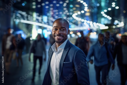 Portrait of Happy African American Businessman Walking on Street at Night, Smiling Black Manager in Modern City Surrounded By Blurred People. © CYBERUSS