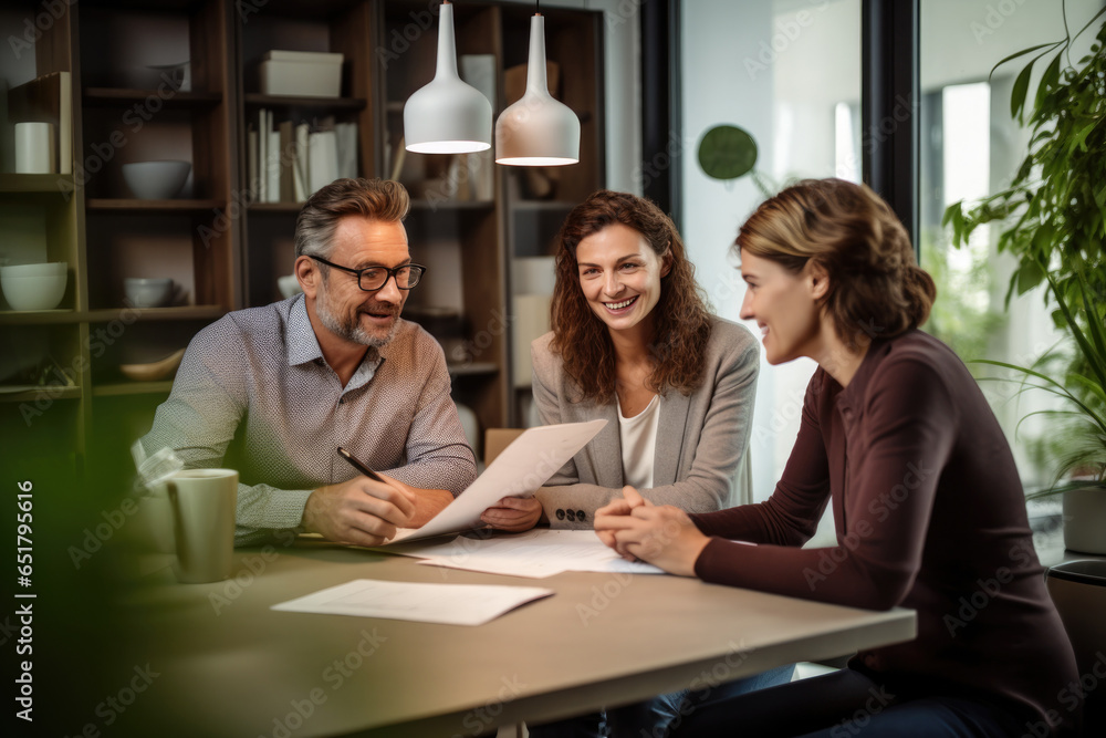 Obraz premium Consultant and middle aged couple client discussing insurance for home in office space