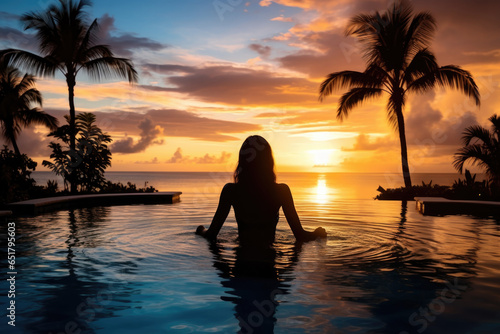 Woman silhouette floating in infinity pool watching serene sunset © ty