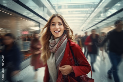 Portrait of Happy Female Goes to Shopping in Clothing Store, Beautiful Man Walking in Shopping Mall Surrounded By Blurred People