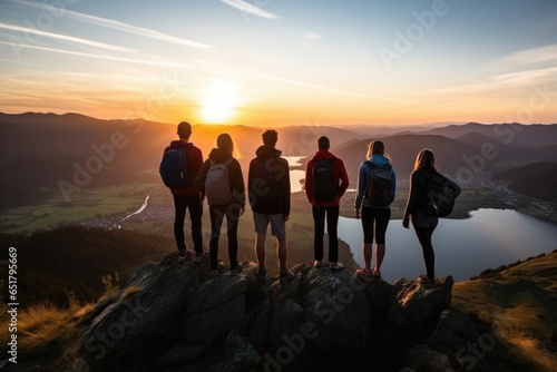 company of people with backpack standing on top of a cliff in the summer mountains at sunset and enjoying the nature view