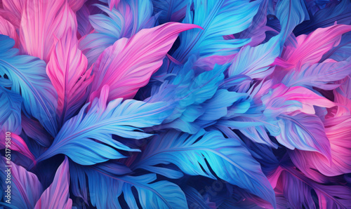 Tropical leaves wallpaper. Colorful neon abstract foliage background.