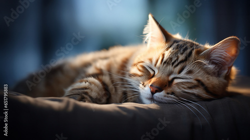 a cat is peacefully resting on a bed. © Anocha