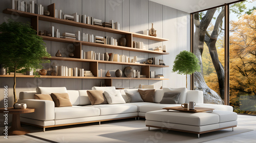 Minimalist style home interior design of modern living room. White corner sofa against floor to ceiling window near shelving unit © Samira