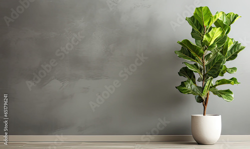 Grey Concrete Background with a Stylish Fiddle Fig Plant in Pot - Modern Minimalist Interior Decor with Greenery and Copyspace for Quotes or Text 