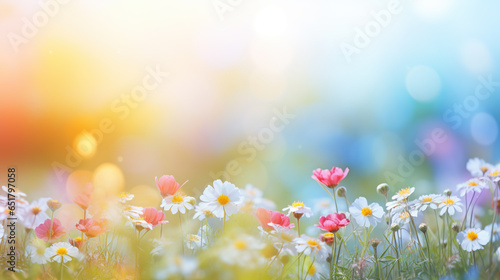 Colorful flower meadow with sunbeams and bokeh lights in summer - nature background banner with copy space - summer greeting card wildflowers spring concept photo
