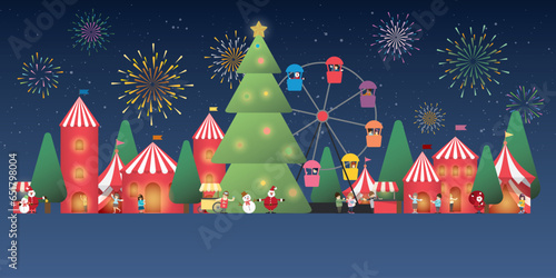Winter wonderland at night with fireworks vector illustration. Merry Christmas and Happy New Year greeting card template.