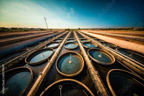 A wastewater treatment plant with a massive tank filled with water for purification process photo