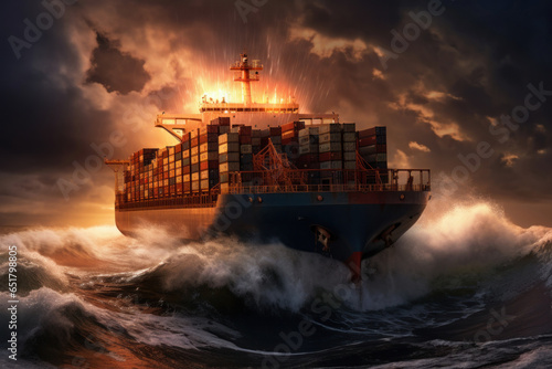 a sea container ship sails through a storm in the ocean
