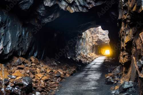 Underground mine, mining, rail track trolleys laid through tunnel