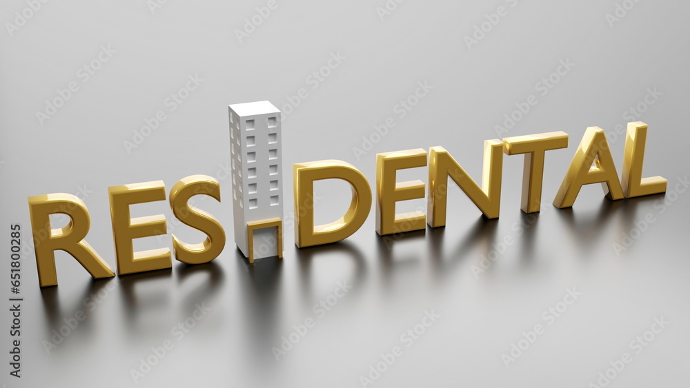 Housing building with gold text, 3D illustrations, real estate, land trading, condominiums, apartments. Housing building with gold text, 3D illustrations, real estate, land trading, condominiums, apartments.