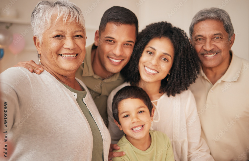 Family, selfie with grandparents and parents with kid, happiness for memory or social media post. People bonding at home, generations with love and trust, smile in profile picture and photography Family, selfie with grandparents and parents with kid, happiness for memory or social media post. People bonding at home, generations with love and trust, smile in profile picture and photography