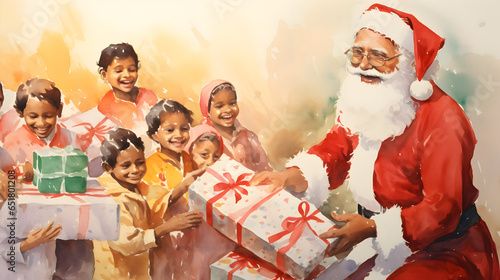 Santa giving Gift to multi religion, different ethnics children, Christmas for all