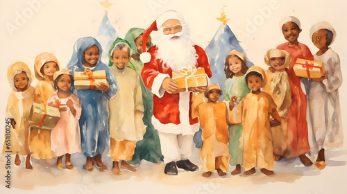 Christmas for all, multi religion multi national, ethnics children together with Santa