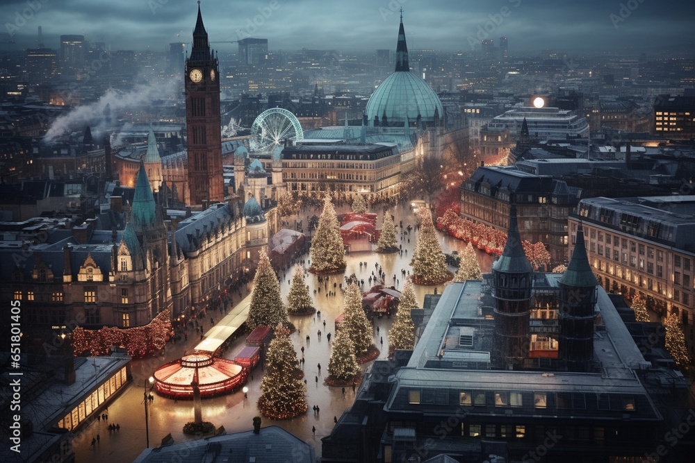 Aerial view of Christmas funfair in London - obrazy, fototapety, plakaty 