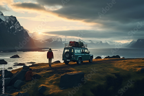 Scenic shots of road-trippers standing by their vehicles, while they look at beautiful landscapes