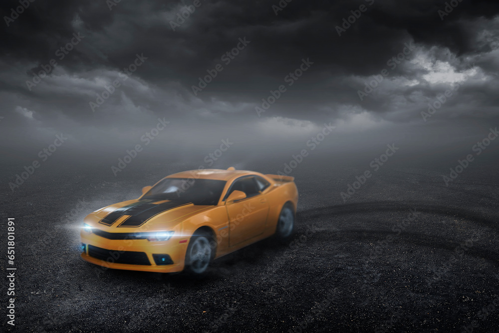 3D Rendering yellow racing car drifting on the track with high speed on rain clouds sky background.