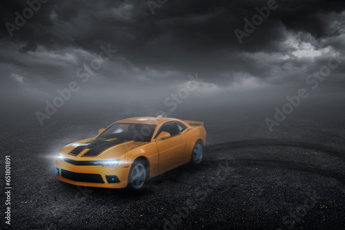 3D Rendering yellow racing car drifting on the track with high speed on rain clouds sky background.