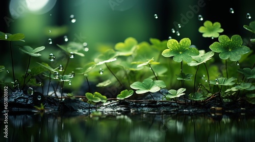 Glistening Water Drops on Fresh Green Leaves in Sunlight, with Blurry Forest Bokeh, Close-Up Beauty of Nature, Love Earth Concept 