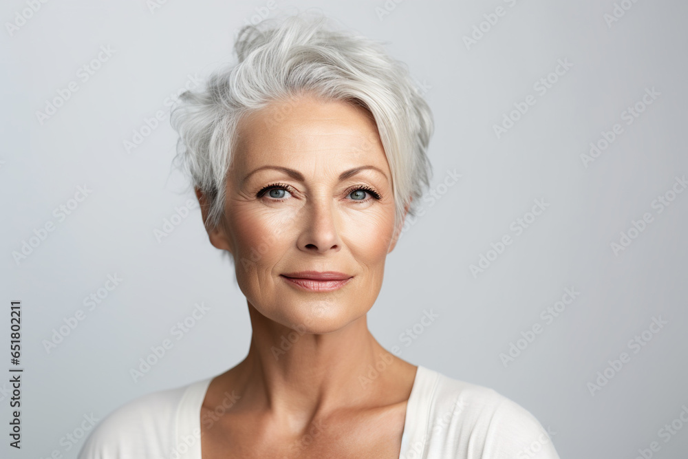 Beautiful gorgeous 50s mid aged mature woman isolated on white. Mature old lady close up portrait. Healthy face skin care beauty, middle age skincare cosmetics, cosmetology concept