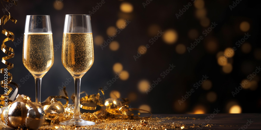 New Year's eve celebration banner with champagne glasses and golden confetti on black background - obrazy, fototapety, plakaty 