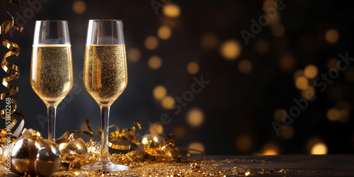 Fotografia New Year's eve celebration banner with champagne glasses and golden confetti on